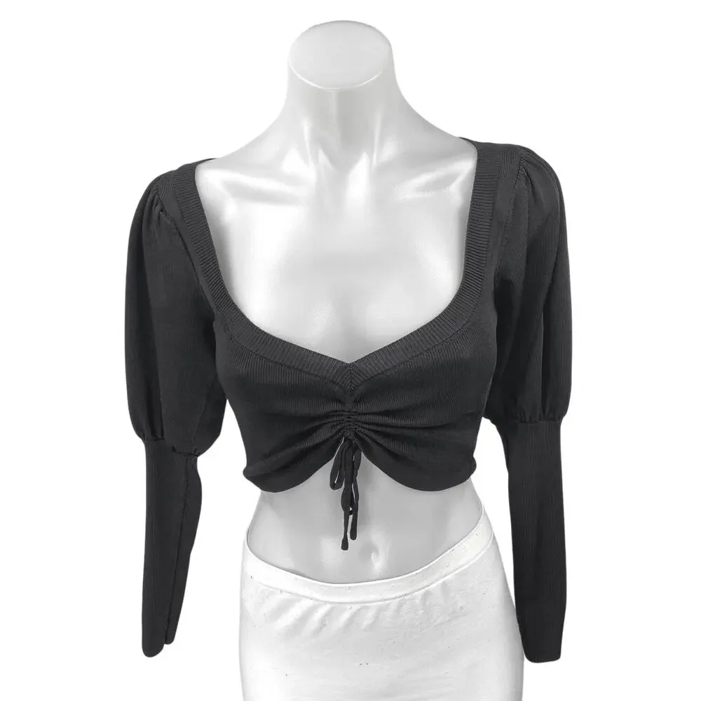 Zara Women's Black Long Balloon Puff Sleeve Ruched Tie Cropped Blouse Top Size S